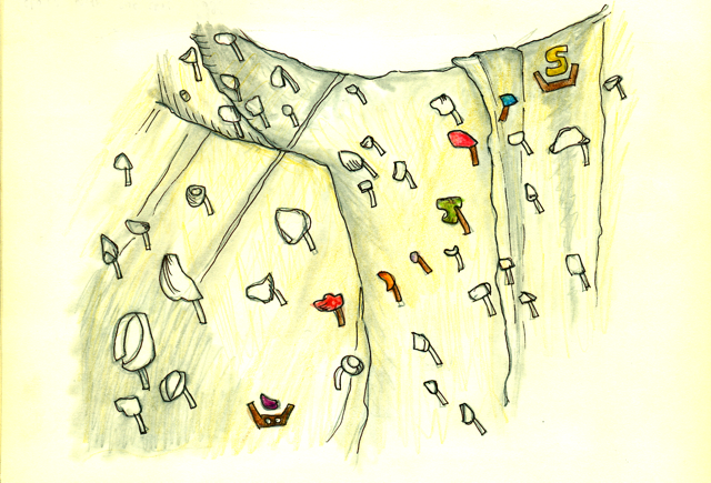 drawing of climbing wall with a route tagged with brown tape