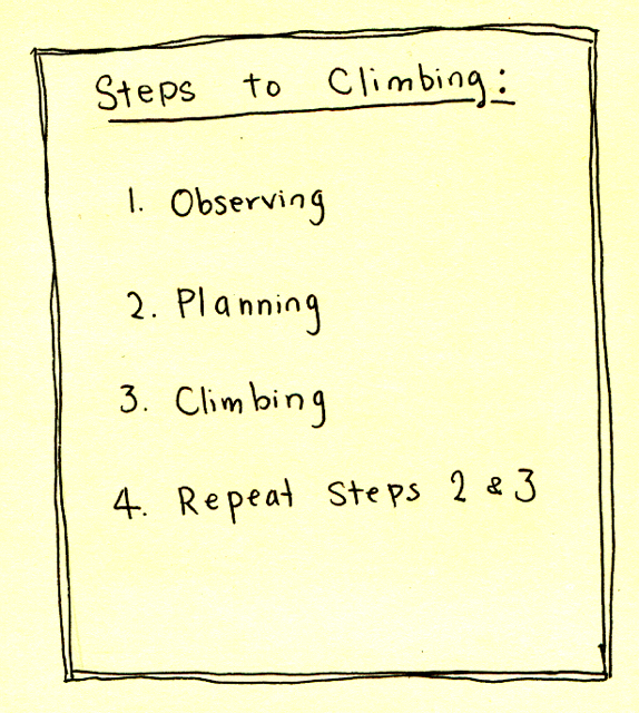 Steps to climbing: 1 observing 2 planning 3 climbing 4 repeat steps 2 and 3