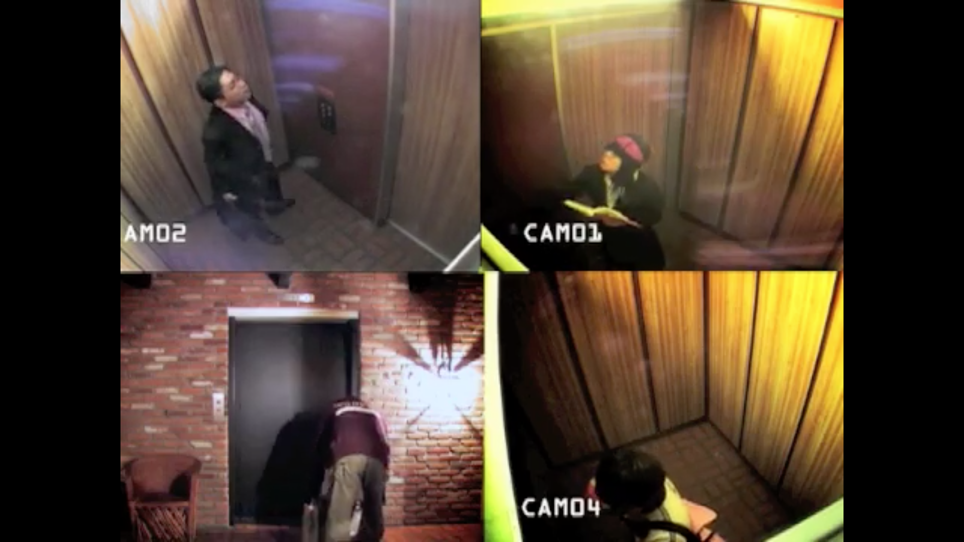 screenshot from video. four panels of videos in a grid with four people in them