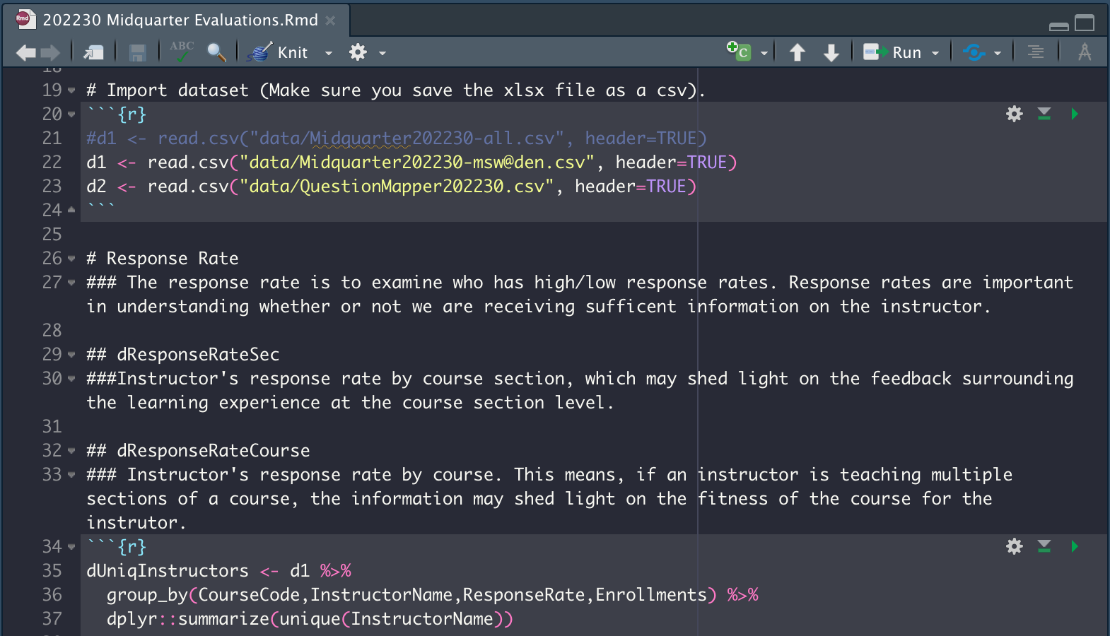 r interface for midquarter evaluation code in r