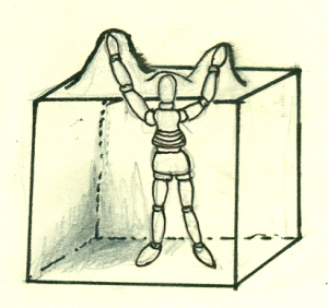 wooden drawing figure in cube stretching box (transparent view)