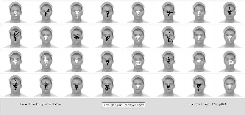 Interface of the face tracking simulator. An 8 by 4 grid of faces with black and white lines on top of the face. face tracking simulator on bottom left, a button to get a random participant on the bottom center and participant id number on bottom right.